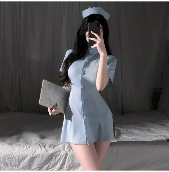 FEE ET MOI - Restrained Desire Lace-Up Waist Nurse Dress (Blue)